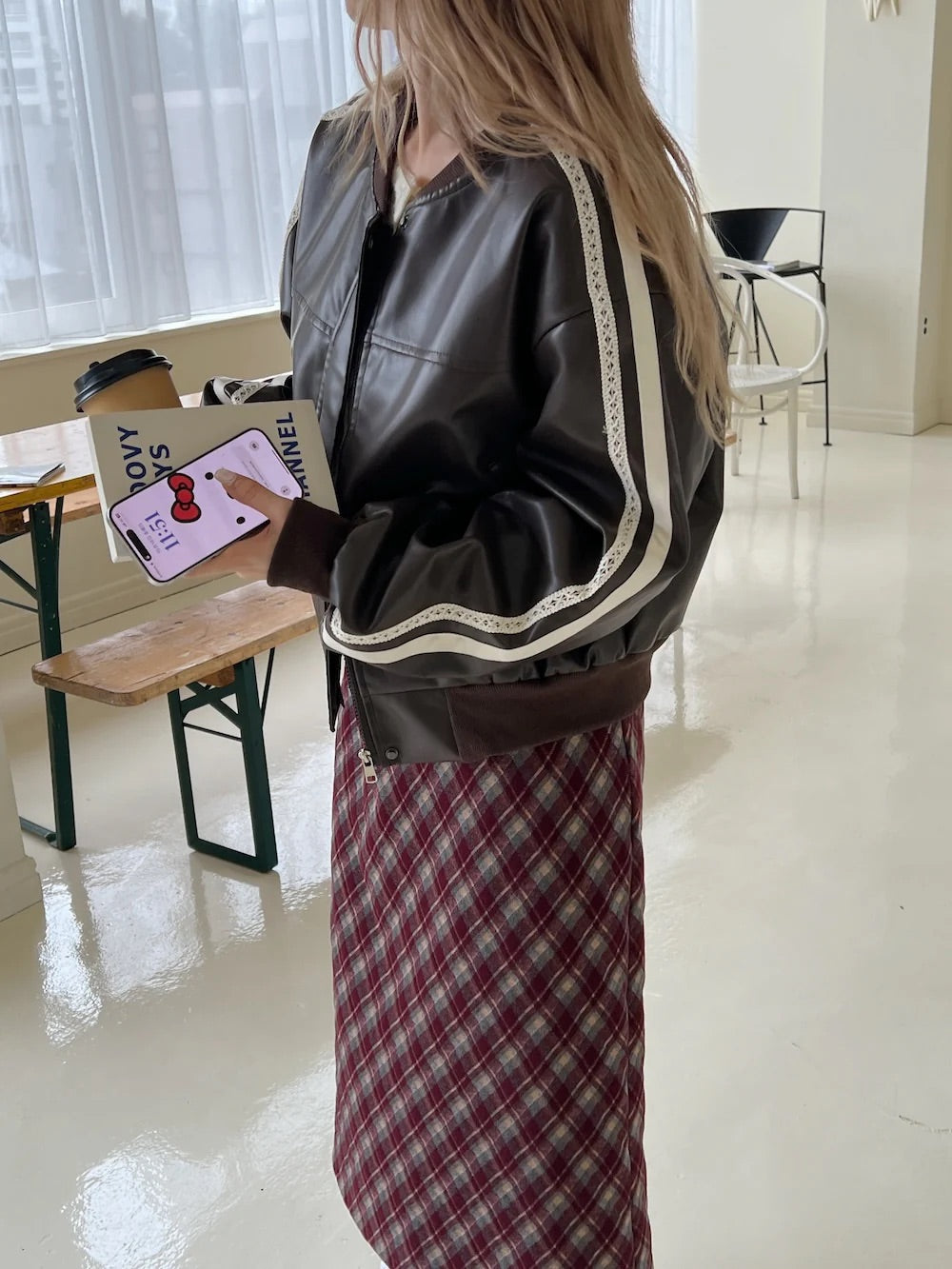 🇯🇵仿皮復古啡Lace邊外套