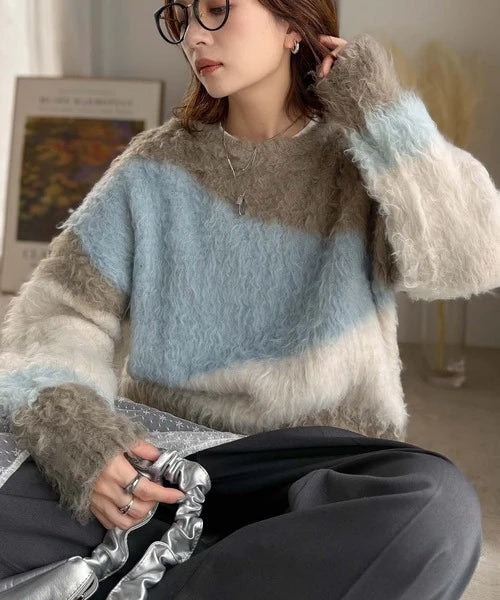 混色毛毛knit top
